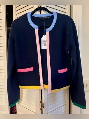 NWT English Factory Navy Knit Color Block Sweater Cardigan Jacket